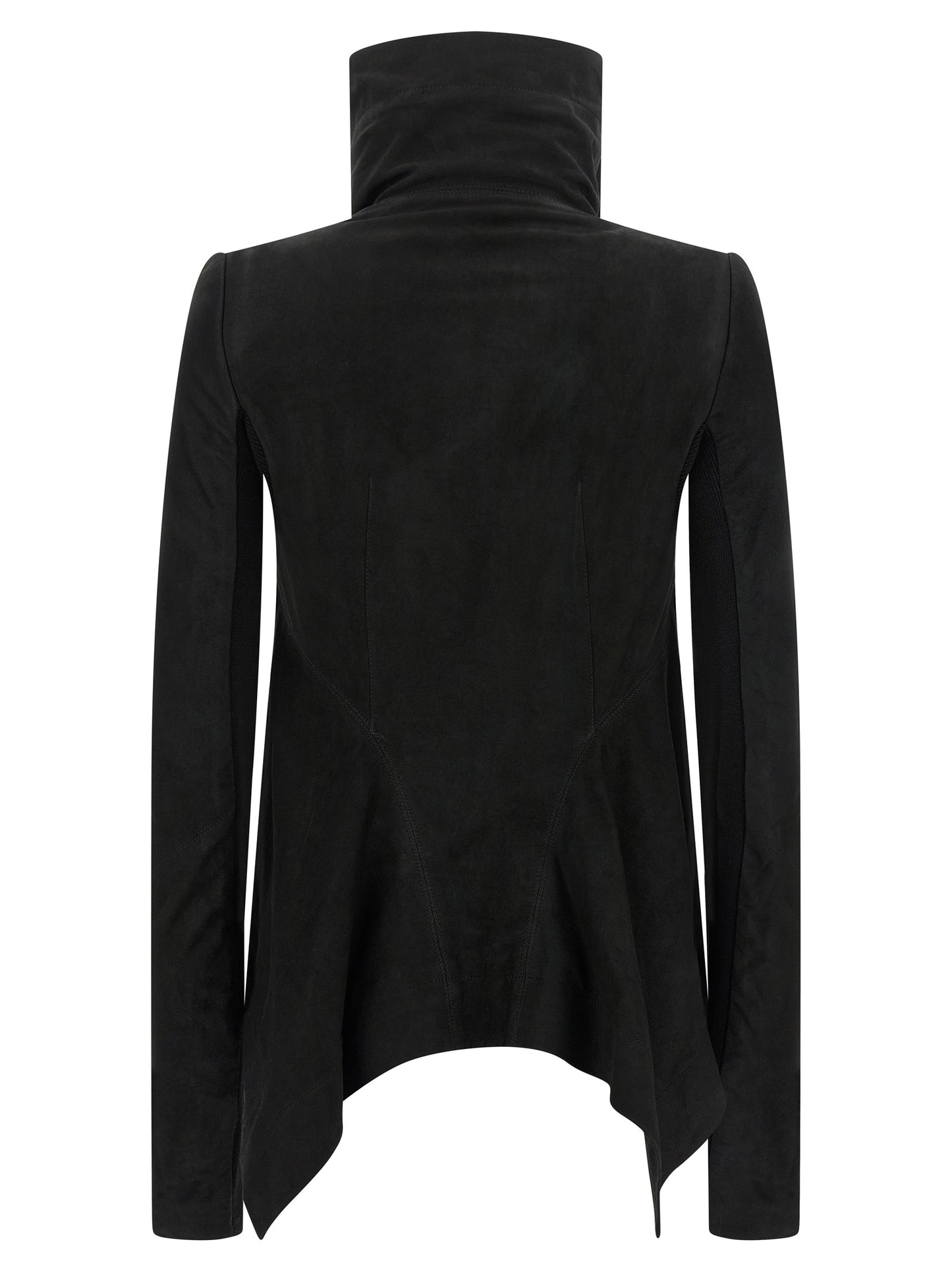 This Jacket by Rick Owens for women in lambskin leather black showcases a magnificent silhouette, meticulously crafted with a distinctive high-neck neckline and functional pockets & insulated for a magnificent finish.