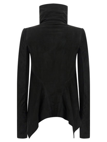 This Jacket by Rick Owens for women in lambskin leather black showcases a magnificent silhouette, meticulously crafted with a distinctive high-neck neckline and functional pockets & insulated for a magnificent finish.