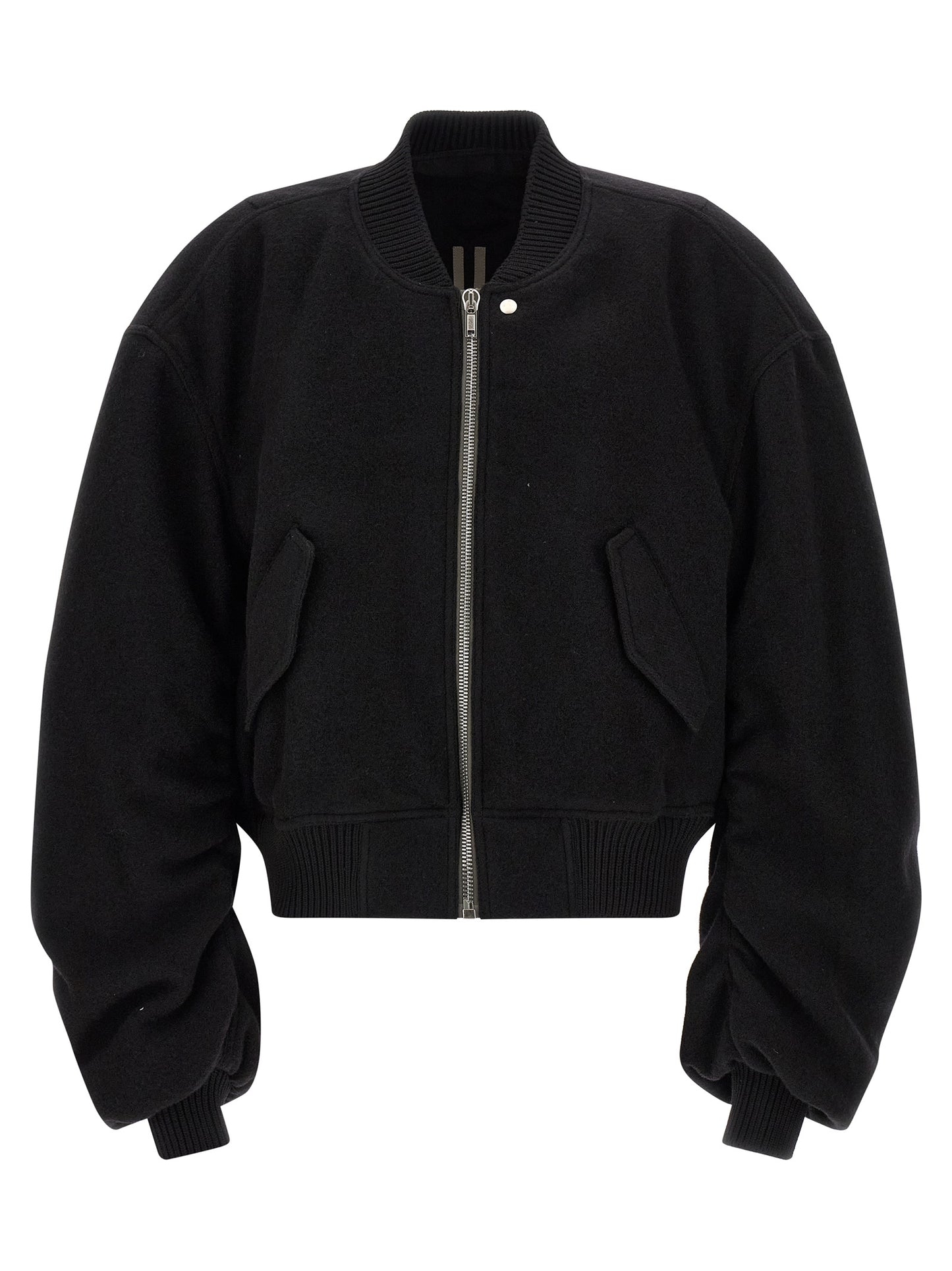 Bomber Jacket by Rick Owens for men in virgin wool black features a dramatic silhouette, showcasing a sophisticated and distinctive pockets for a dramatic aesthetic.