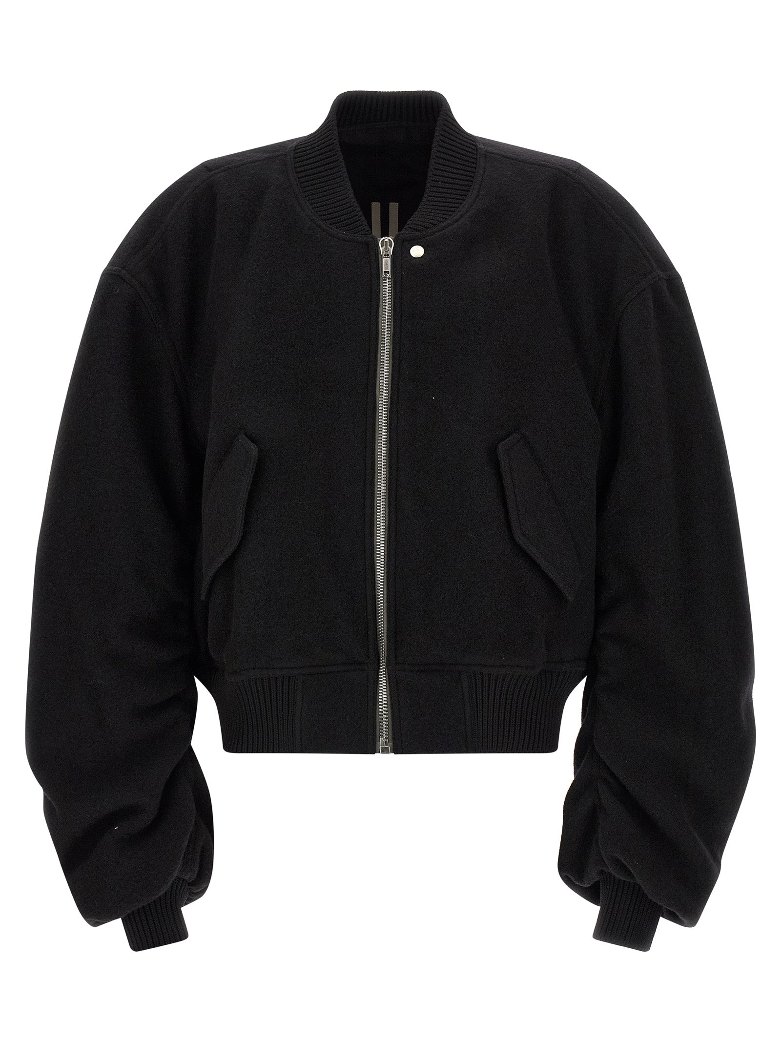 Bomber Jacket by Rick Owens for men in virgin wool black features a dramatic silhouette, showcasing a sophisticated and distinctive pockets for a dramatic aesthetic.