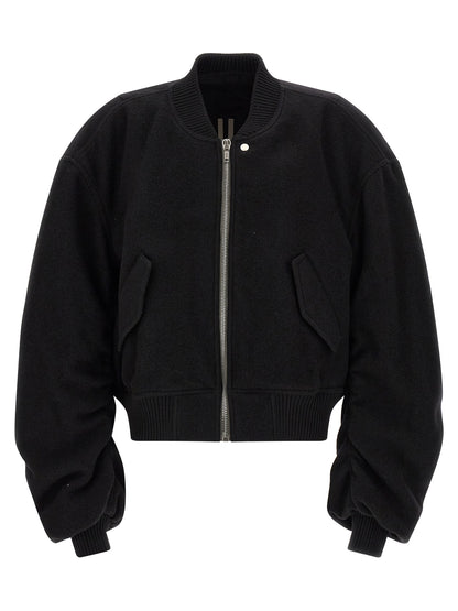 Bomber Jacket by Rick Owens for men in virgin wool black features a dramatic silhouette, showcasing a sophisticated and distinctive pockets for a dramatic aesthetic.