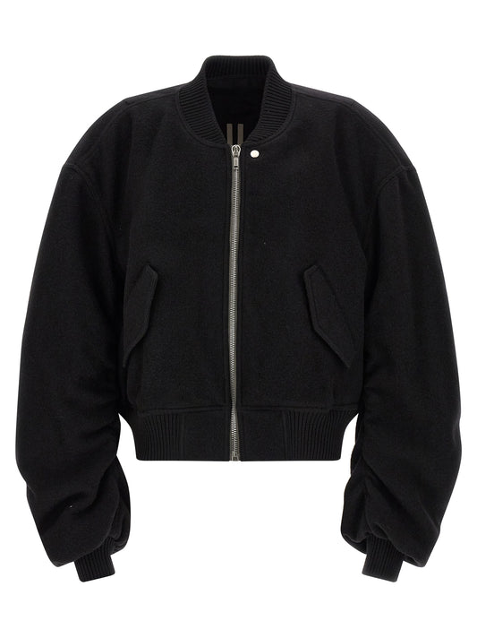 Bomber Jacket by Rick Owens for men in virgin wool black features a dramatic silhouette, showcasing a sophisticated and distinctive pockets for a dramatic aesthetic.