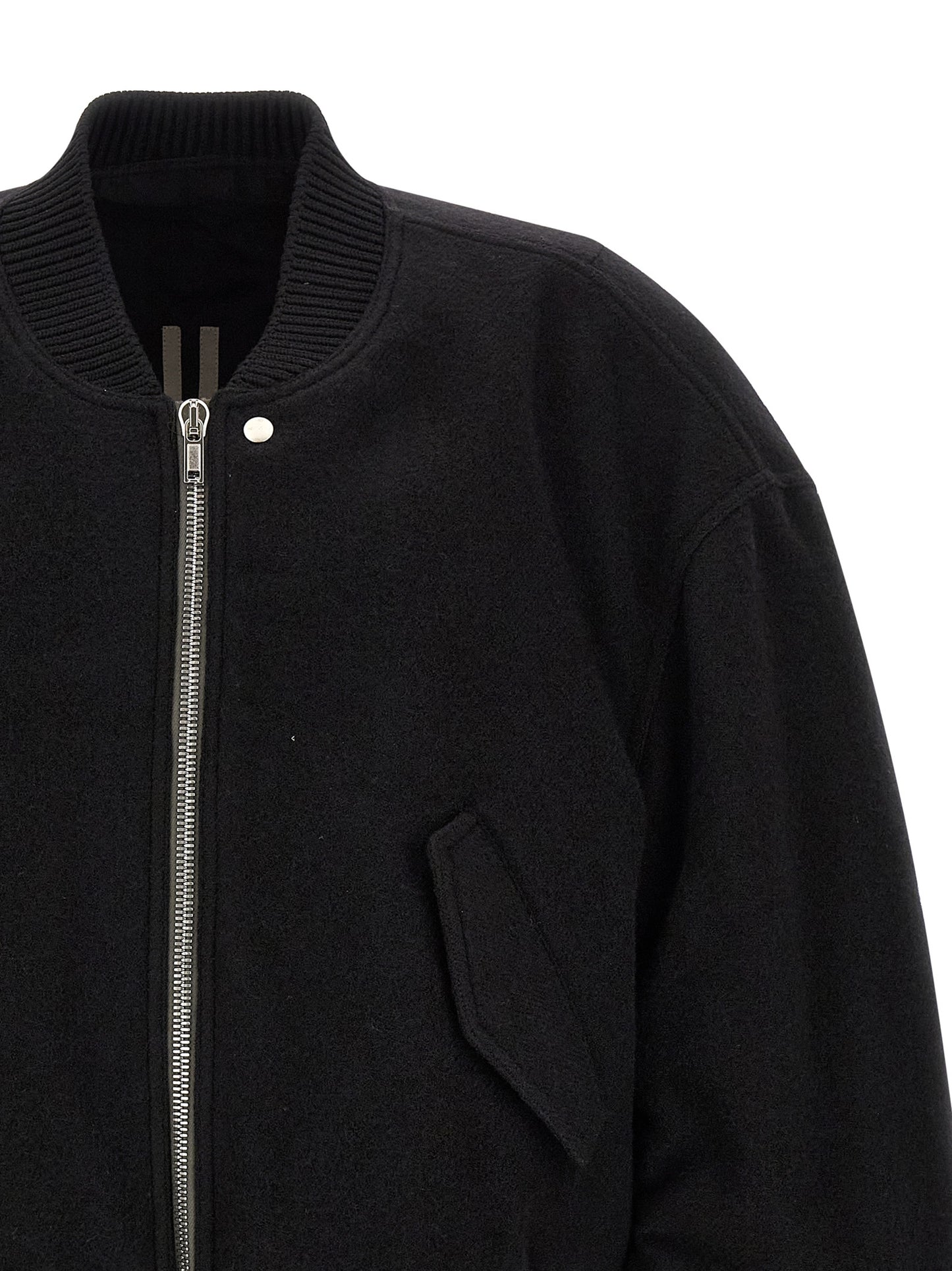 Bomber Jacket by Rick Owens for men in virgin wool black showcases a bohemian silhouette, artfully detailed with a bohemian and signature pockets for a truly bohemian finish.