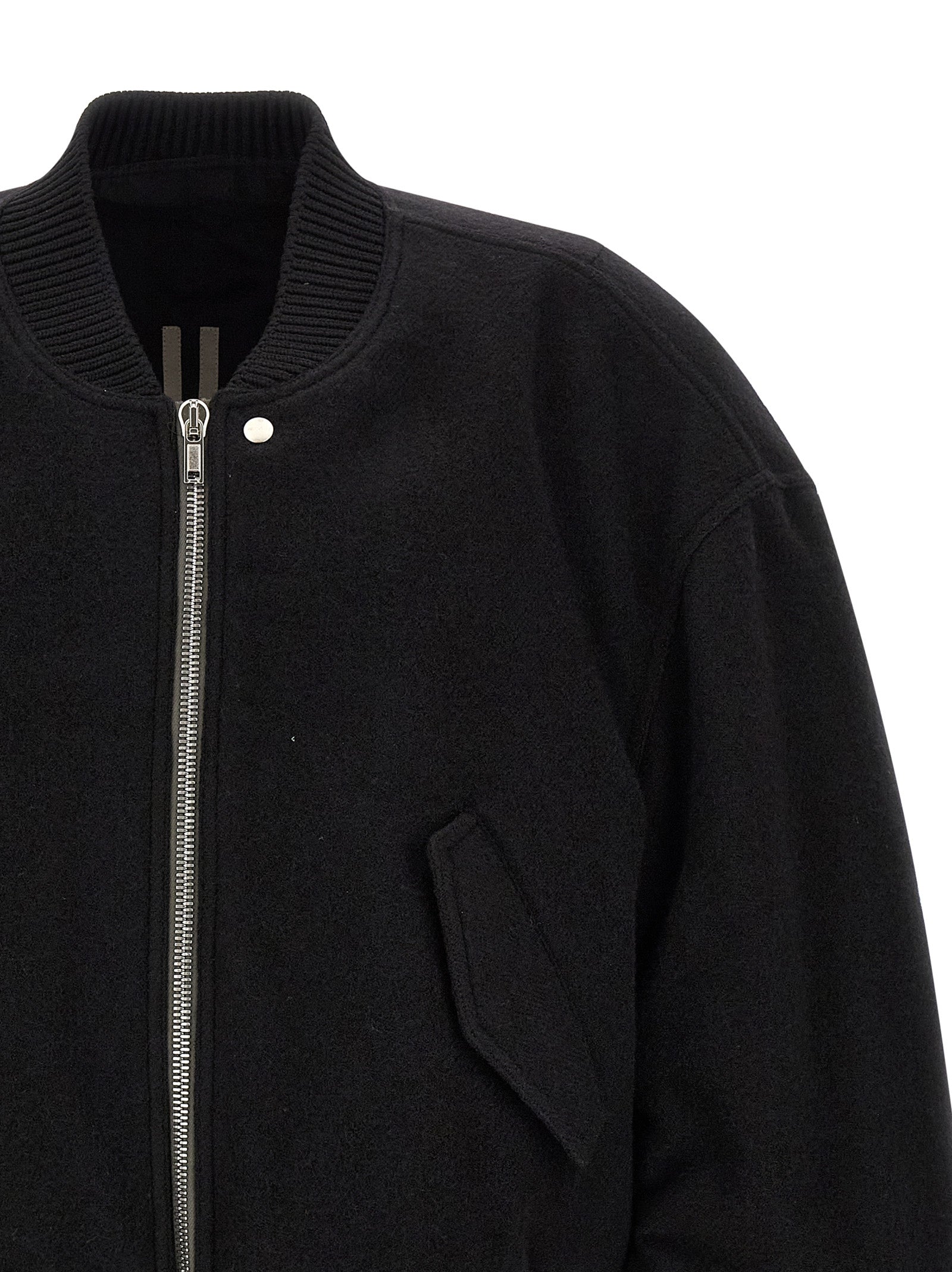 Bomber Jacket by Rick Owens for men in virgin wool black showcases a bohemian silhouette, artfully detailed with a bohemian and signature pockets for a truly bohemian finish.