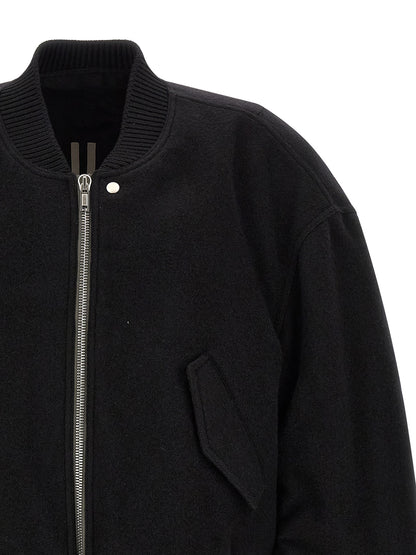 Bomber Jacket by Rick Owens for men in virgin wool black showcases a bohemian silhouette, artfully detailed with a bohemian and signature pockets for a truly bohemian finish.