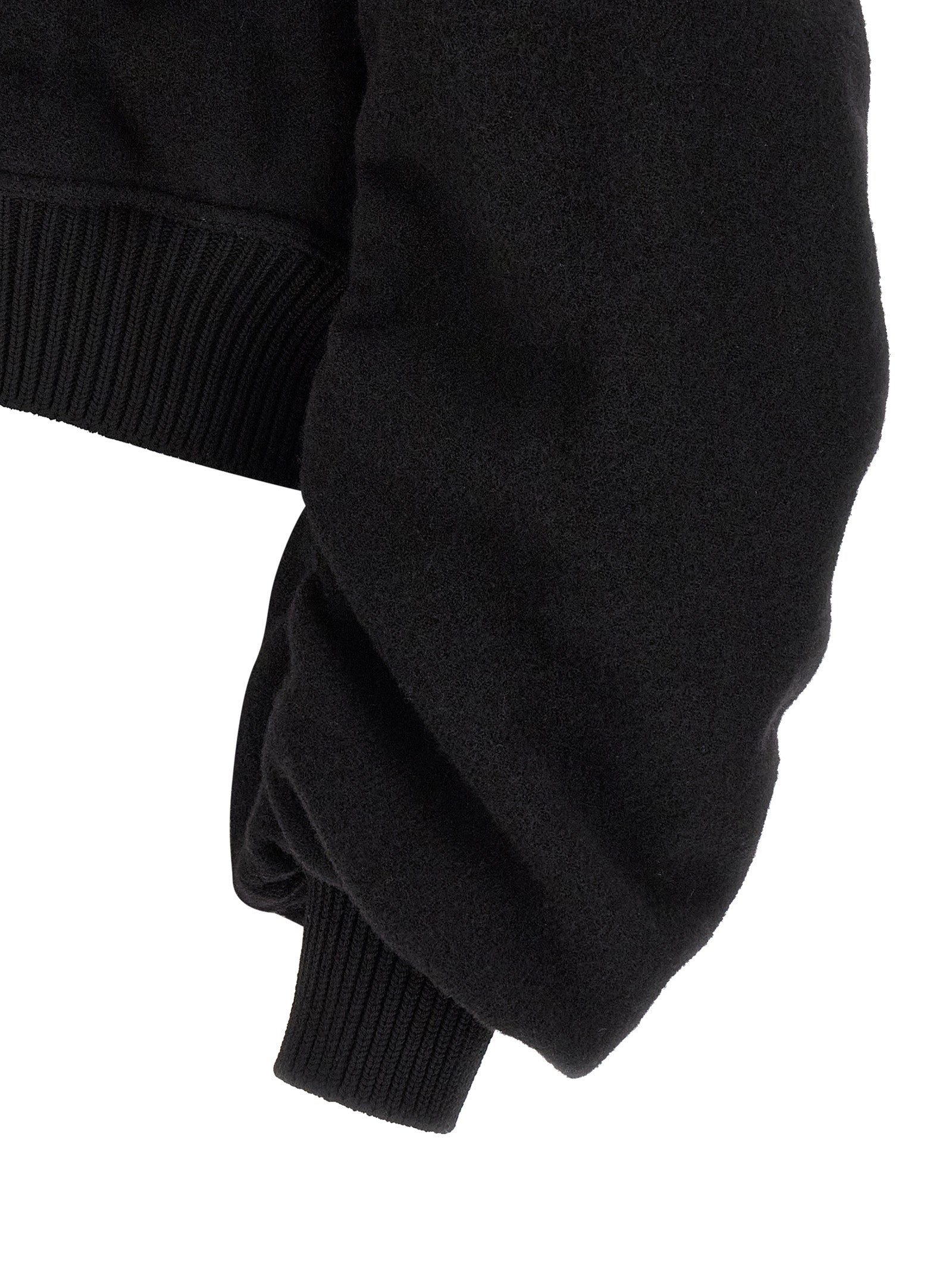 This Bomber Jacket by Rick Owens for men in virgin wool black exhibits a edgy silhouette, meticulously detailed with functional pockets and a edgy for a edgy finish.