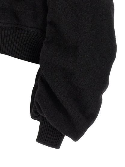 This Bomber Jacket by Rick Owens for men in virgin wool black exhibits a edgy silhouette, meticulously detailed with functional pockets and a edgy for a edgy finish.