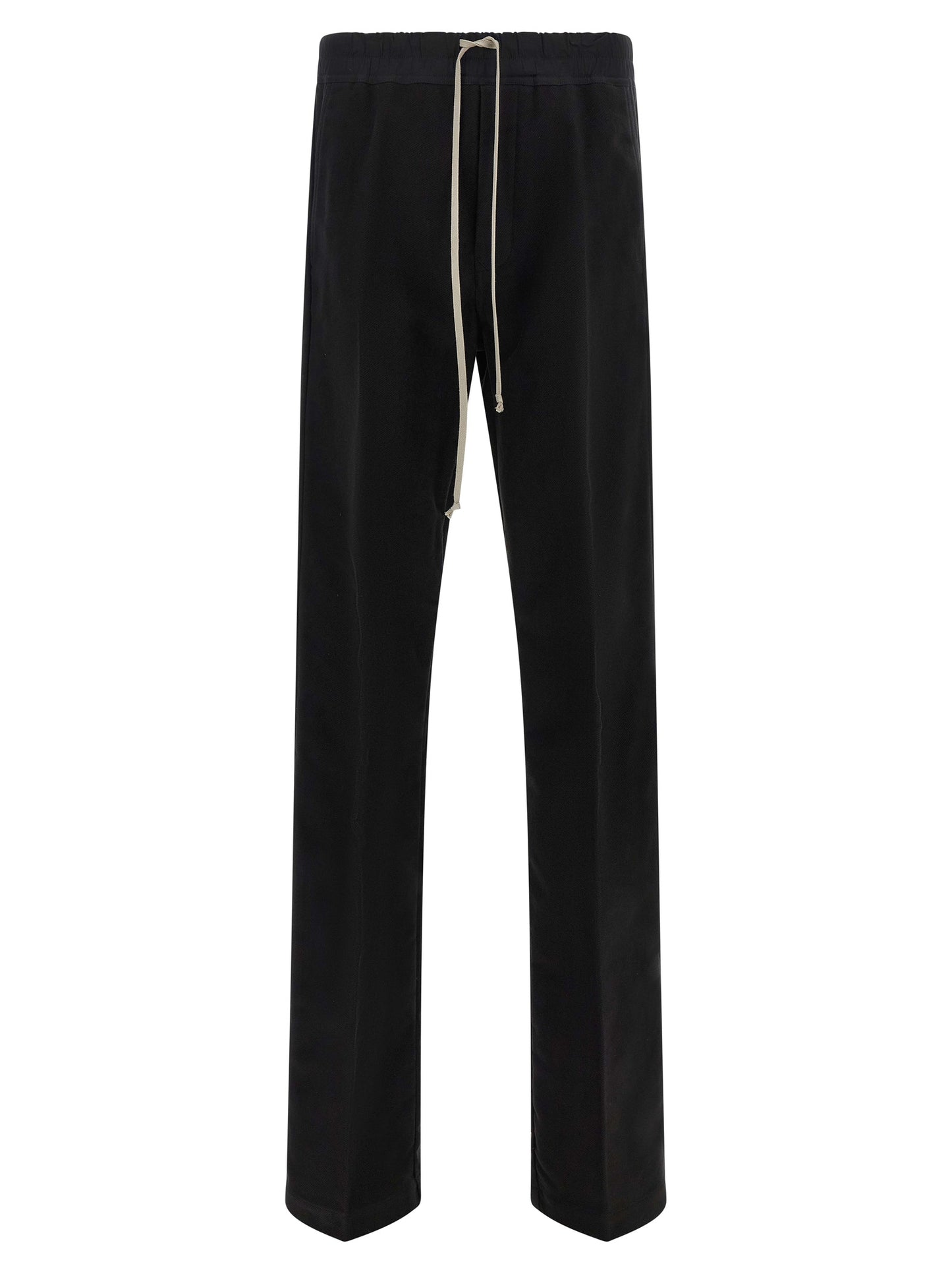 Trousers by Rick Owens for men in cotton black & herringbone features a sculptural silhouette, showcasing a sculptural straight-leg & wide and long with a sophisticated for a sculptural finish.