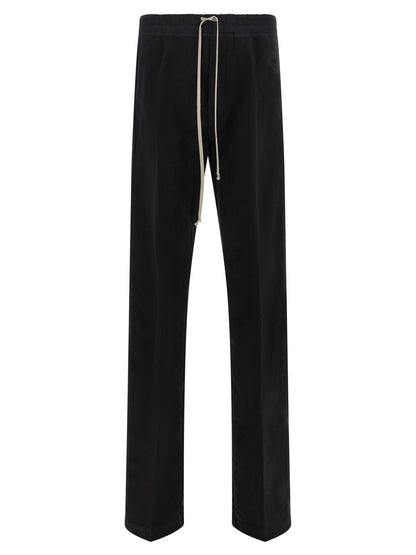 Trousers by Rick Owens for men in cotton black & herringbone features a sculptural silhouette, showcasing a sculptural straight-leg & wide and long with a sophisticated for a sculptural finish.