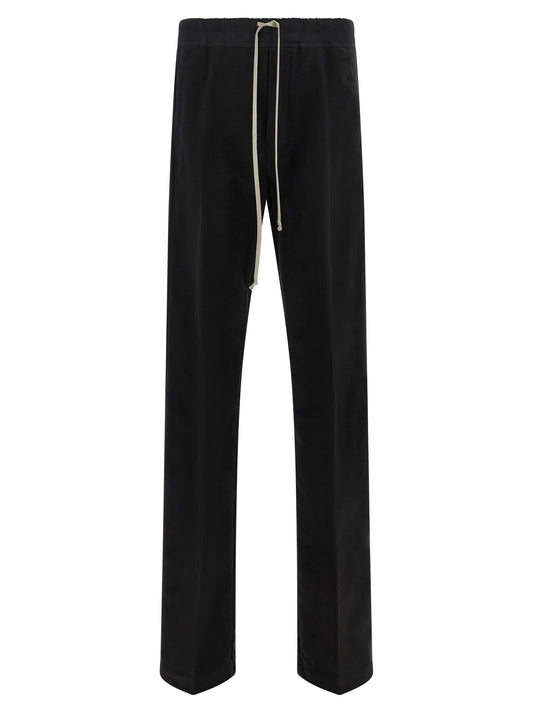 Trousers by Rick Owens for men in cotton black & herringbone features a sculptural silhouette, showcasing a sculptural straight-leg & wide and long with a sophisticated for a sculptural finish.
