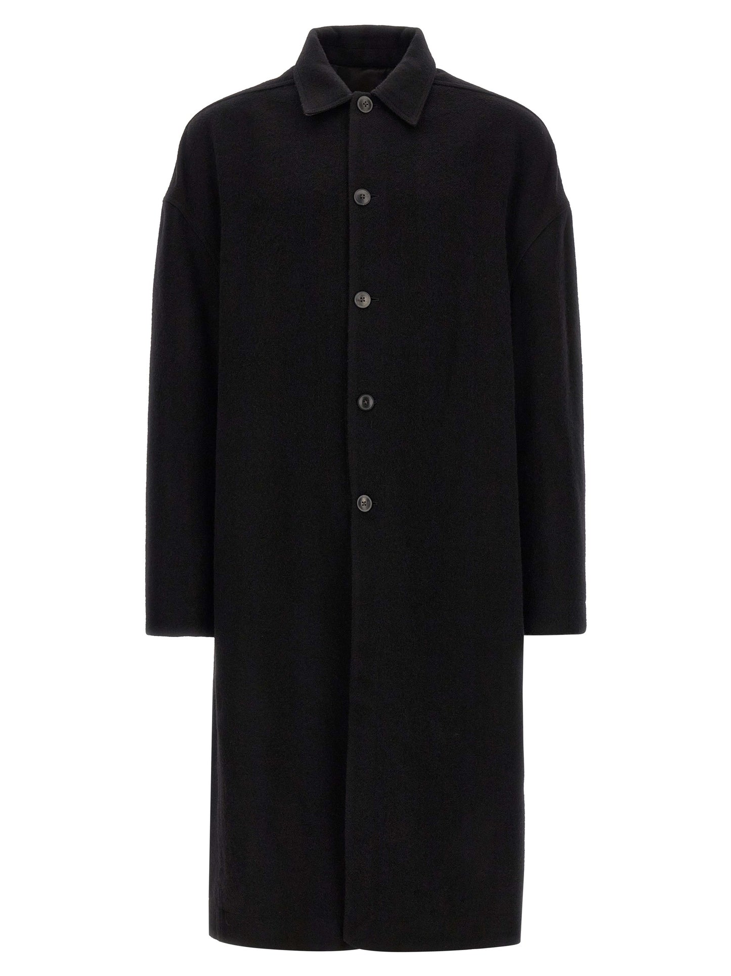 Overcoat by Rick Owens for men in virgin wool black features a cosy chic silhouette, artfully detailed with a sophisticated split shirt-collar neckline and premium pockets for a cosy chic finish.