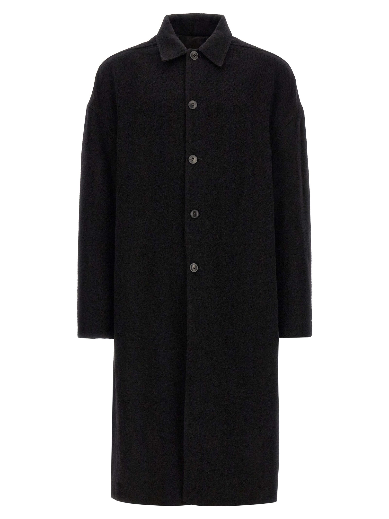 Overcoat by Rick Owens for men in virgin wool black features a cosy chic silhouette, artfully detailed with a sophisticated split shirt-collar neckline and premium pockets for a cosy chic finish.