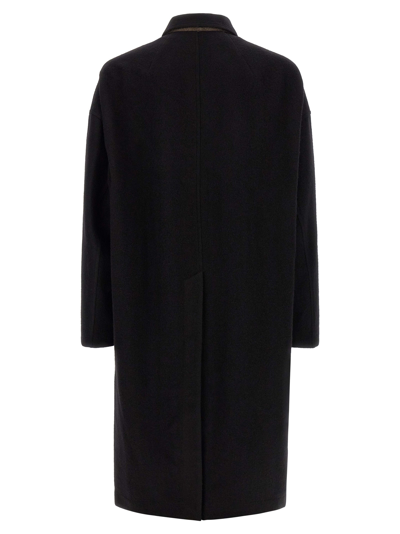 Overcoat by Rick Owens for men in virgin wool black features a contemporary silhouette showcasing a contemporary split shirt-collar neckline and refined pockets for a sophisticated finish.