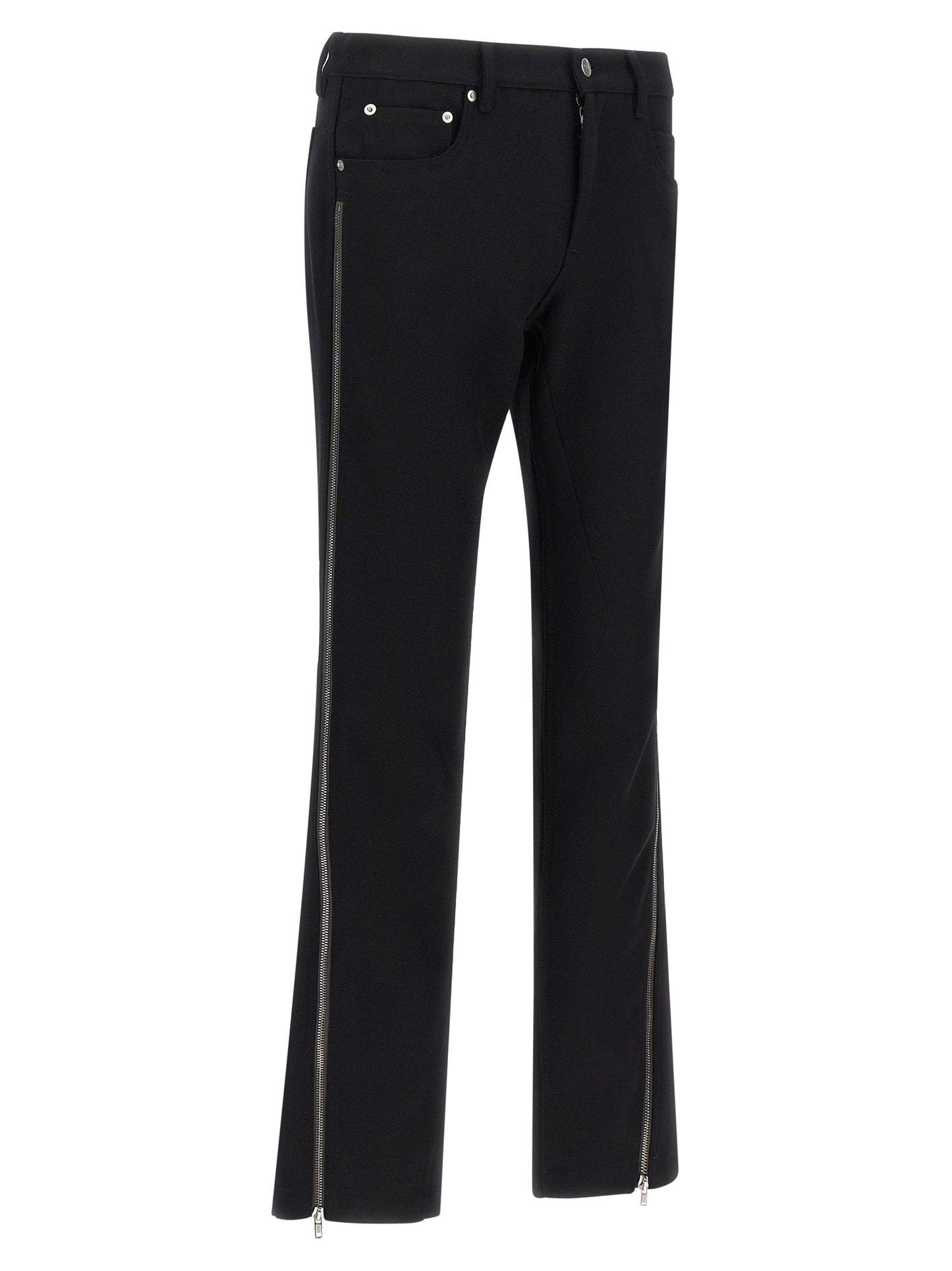 Pants by Rick Owens for men in virgin wool black & herringbone features a sleek silhouette with a sleek straight-leg, a refined long, and a sophisticated low rise finish.