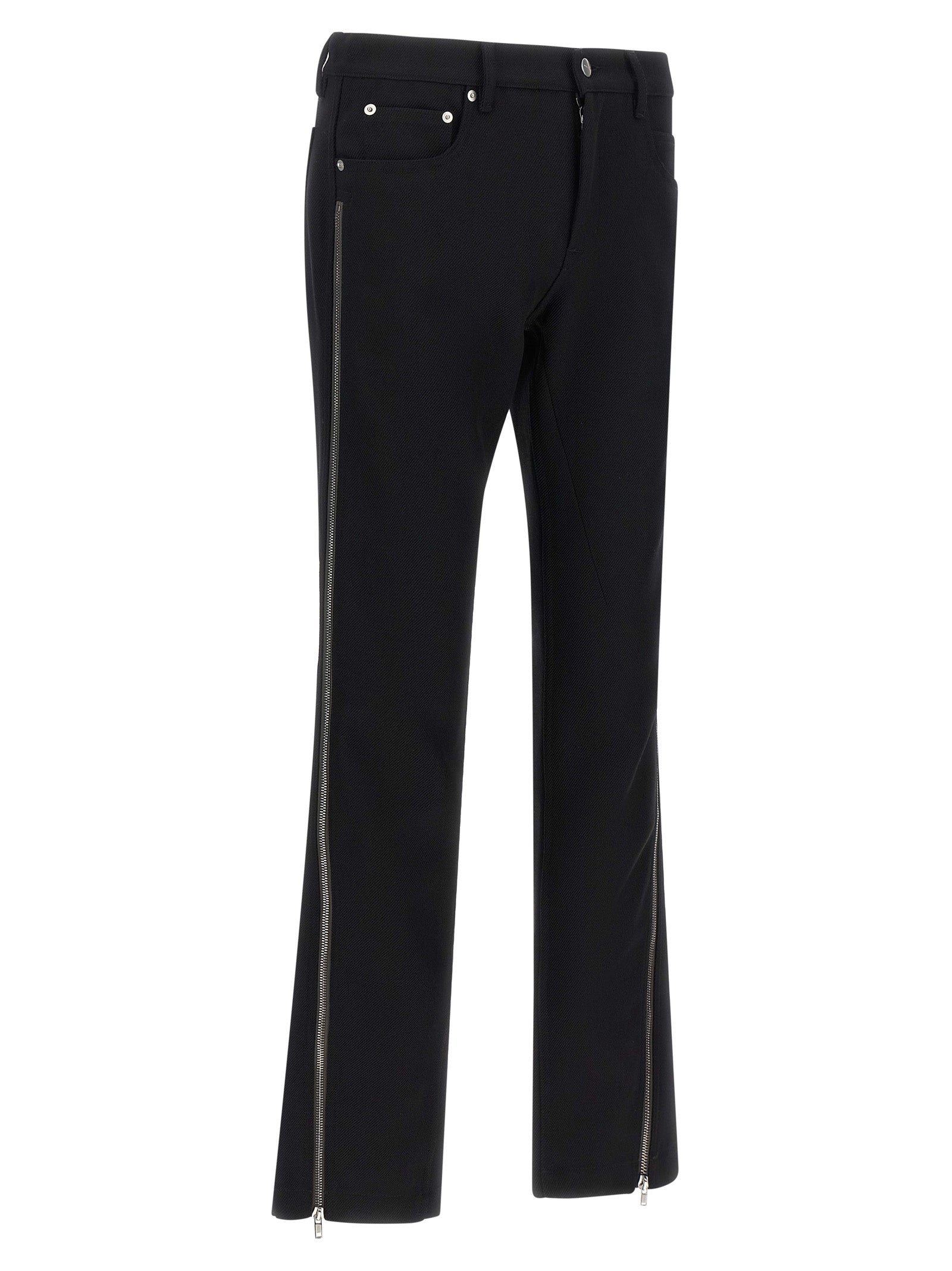Pants by Rick Owens for men in virgin wool black & herringbone features a sleek silhouette with a sleek straight-leg, a refined long, and a sophisticated low rise finish.