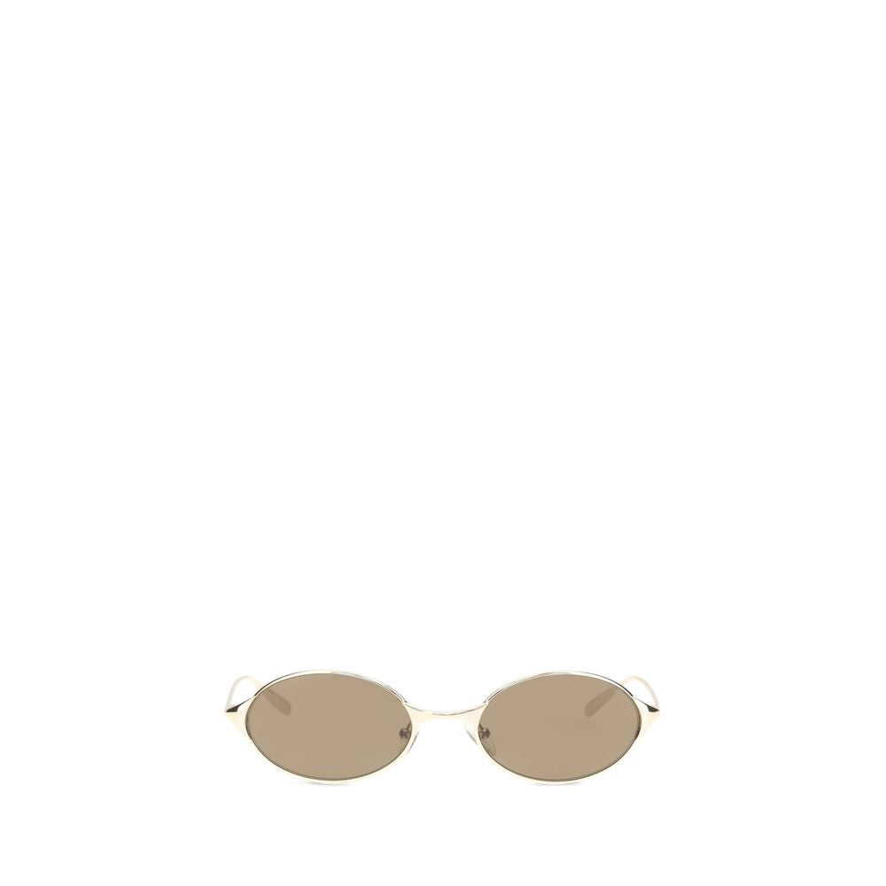 Sunglasses by Alexander McQueen for women in bos taurus suede calf leather & rhinestone brown & gold showcases a ethereal silhouette, featuring gold coloured frame oval frame design with for a ethereal finish.