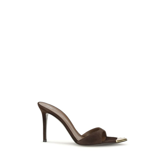 Stiletto Mules Sandals by Giuseppe Zanotti for women in bos taurus suede calf leather & rhinestone brown & gold features an effortlessly chic silhouette from the Women's Bos Taurus Suede Calf Leather & Rhinestone Stiletto Mules Sandals collection, showcasing a effortlessly chic stiletto and elegant pointed toe style.