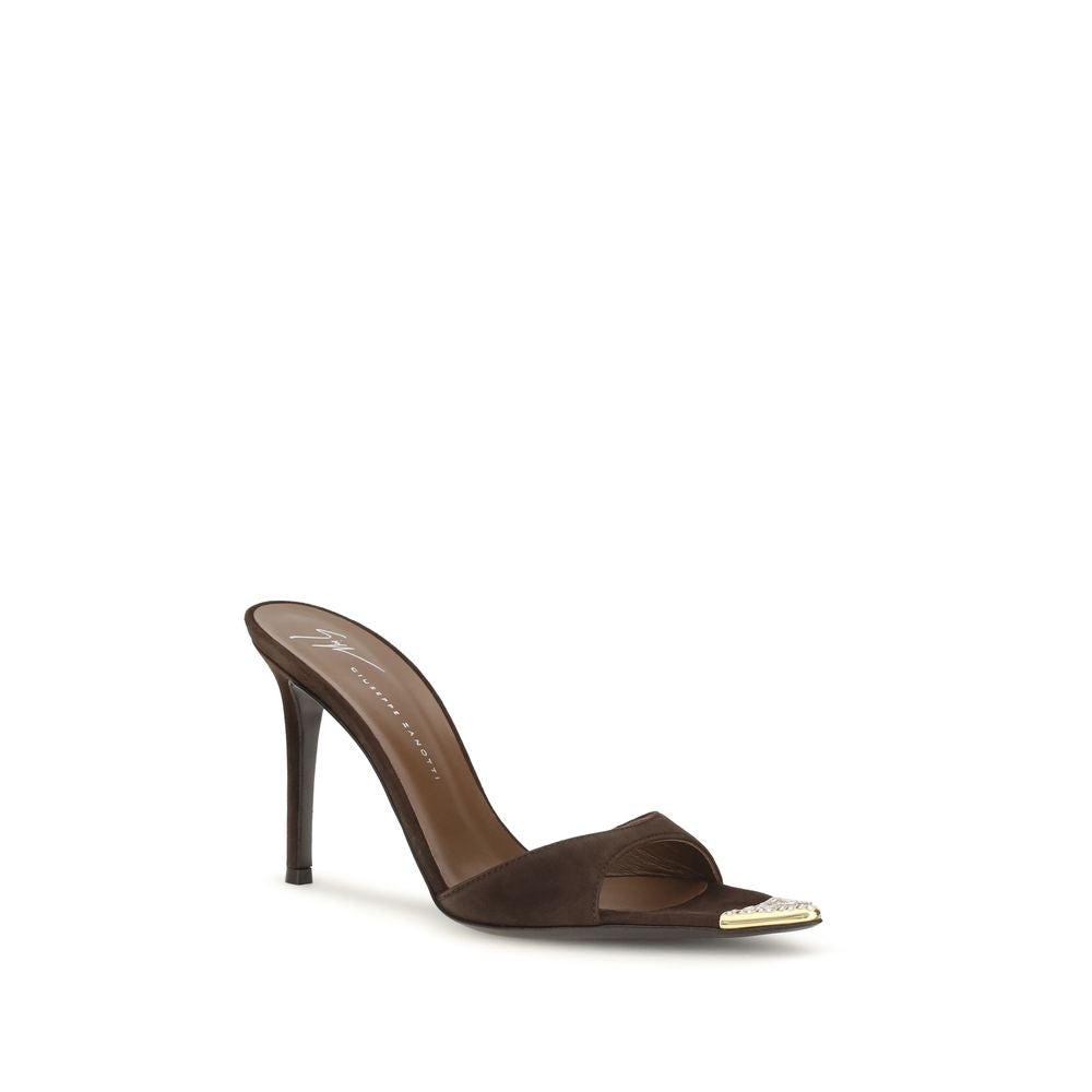 Stiletto Mules Sandals by Giuseppe Zanotti for women in bos taurus suede calf leather & rhinestone brown & gold features an statuesque Women's Bos Taurus Suede Calf Leather & Rhinestone Stiletto Mules Sandals silhouette with a refined stiletto and elegant pointed toe style.