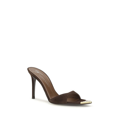 Stiletto Mules Sandals by Giuseppe Zanotti for women in bos taurus suede calf leather & rhinestone brown & gold features an statuesque Women's Bos Taurus Suede Calf Leather & Rhinestone Stiletto Mules Sandals silhouette with a refined stiletto and elegant pointed toe style.