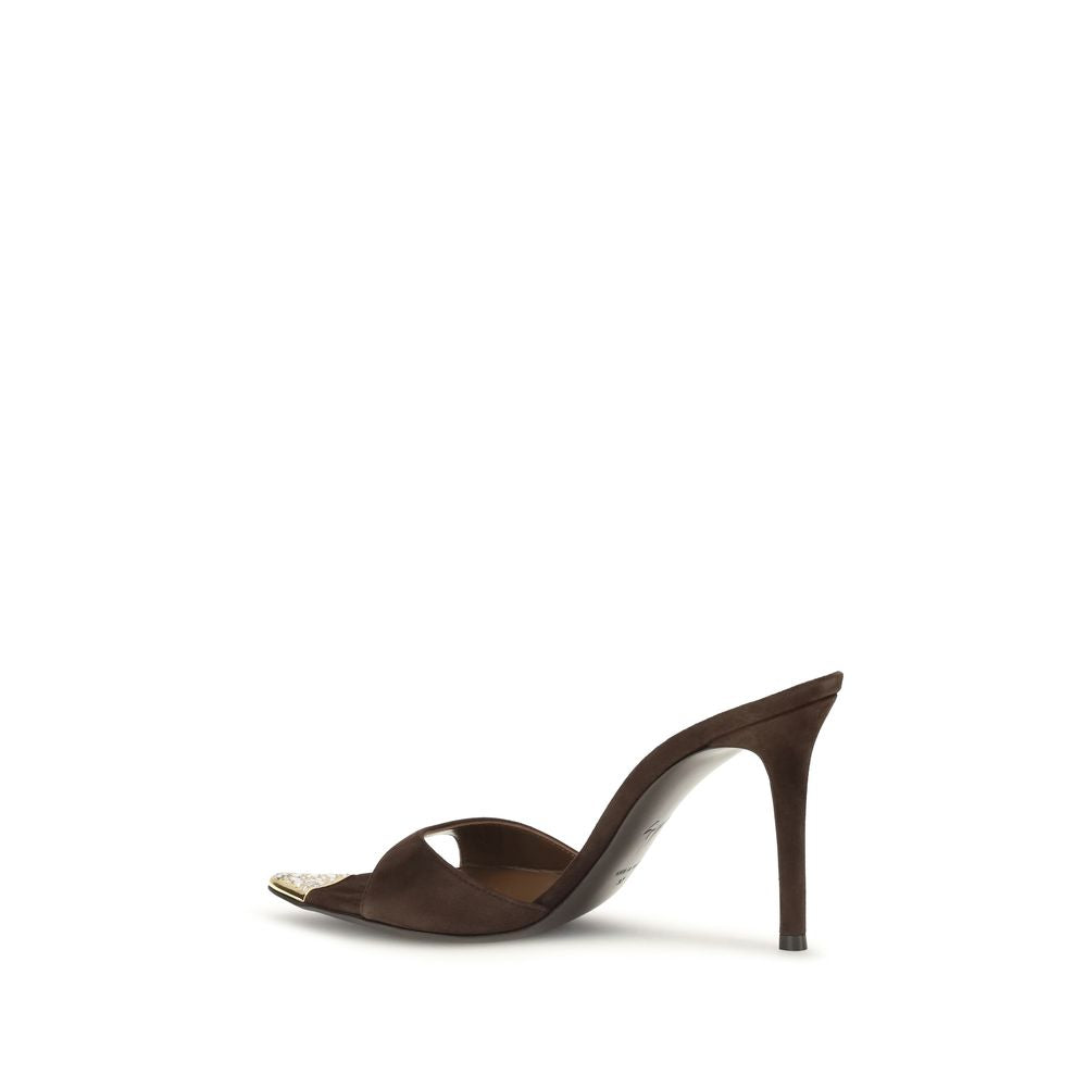 Stiletto Mules Sandals by Giuseppe Zanotti for women in bos taurus suede calf leather & rhinestone brown & gold features an exquisite silhouette, showcasing the exquisite Women's Bos Taurus Suede Calf Leather & Rhinestone Stiletto Mules Sandals with a stiletto and pointed toe style.