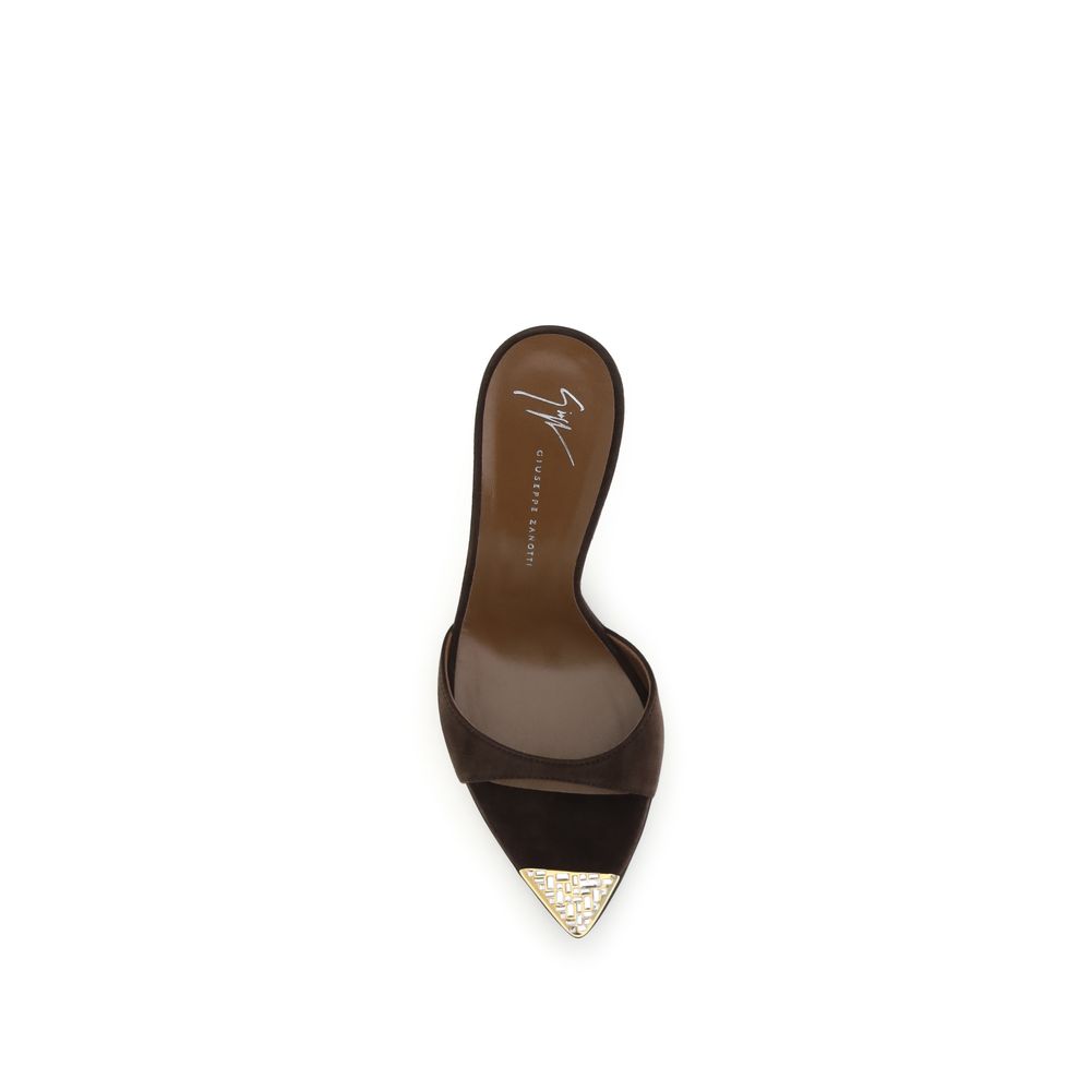 Stiletto Mules Sandals by Giuseppe Zanotti for women in bos taurus suede calf leather & rhinestone brown & gold showcases a sculptural silhouette as Women's Bos Taurus Suede Calf Leather & Rhinestone Stiletto Mules Sandals, defined by a sculptural stiletto and sculptural pointed toe style for a sculptural look.