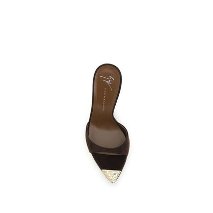 Stiletto Mules Sandals by Giuseppe Zanotti for women in bos taurus suede calf leather & rhinestone brown & gold showcases a sculptural silhouette as Women's Bos Taurus Suede Calf Leather & Rhinestone Stiletto Mules Sandals, defined by a sculptural stiletto and sculptural pointed toe style for a sculptural look.