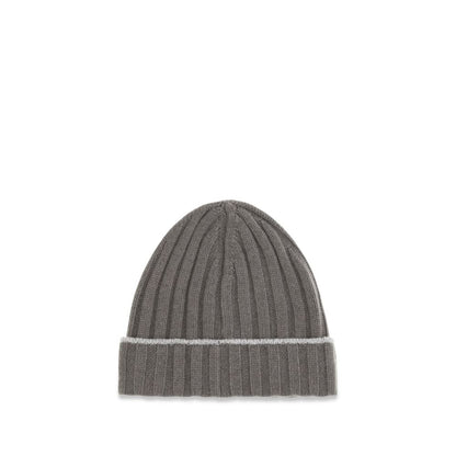 Beanie Hat by Brunello Cucinelli for men in cashmere & capra leather bicolour presents a urban-chic silhouette, artfully capturing the essence of the urban-chic Cashmere & Capra Leather Beanie Hat design for a sophisticated look.