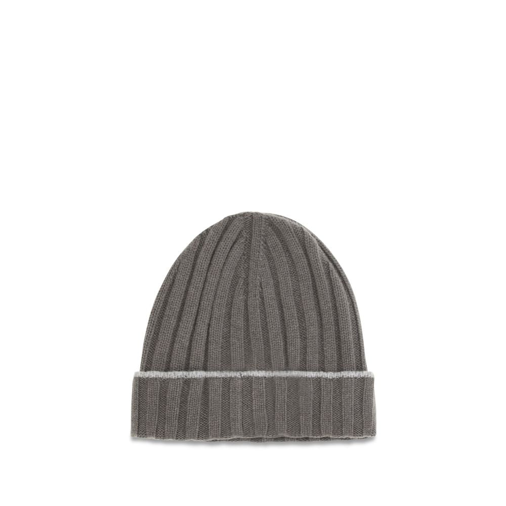 Beanie Hat by Brunello Cucinelli for men in cashmere & capra leather bicolour features a refined silhouette, showcasing the refined design of the Cashmere & Capra Leather Beanie Hat for a sophisticated look.