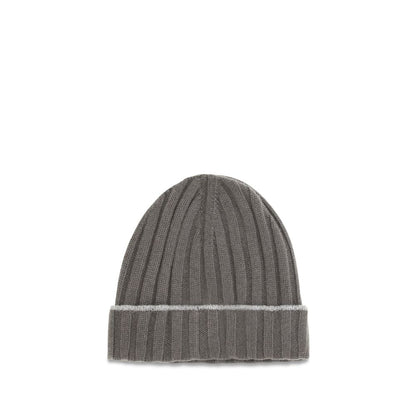 Beanie Hat by Brunello Cucinelli for men in cashmere & capra leather bicolour features a refined silhouette, showcasing the refined design of the Cashmere & Capra Leather Beanie Hat for a sophisticated look.
