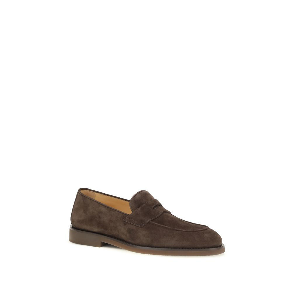 Flat Loafer Slip-On Shoes by Brunello Cucinelli for men in bos taurus calf suede leather brown features an effortless chic silhouette, showcasing the Men's Bos Taurus Calf Suede Leather Flat Loafer Slip-On Shoes design with an effortless chic flat and a for a effortless chic look.