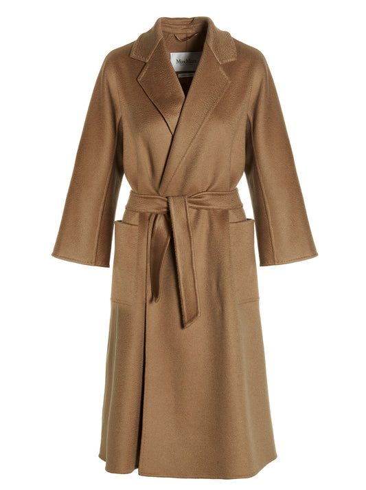 Trench Coat by Max Mara for women in cashmere beige presents a utilitarian silhouette, showcasing a utilitarian lapel neckline and sophisticated pockets for a truly utilitarian look.