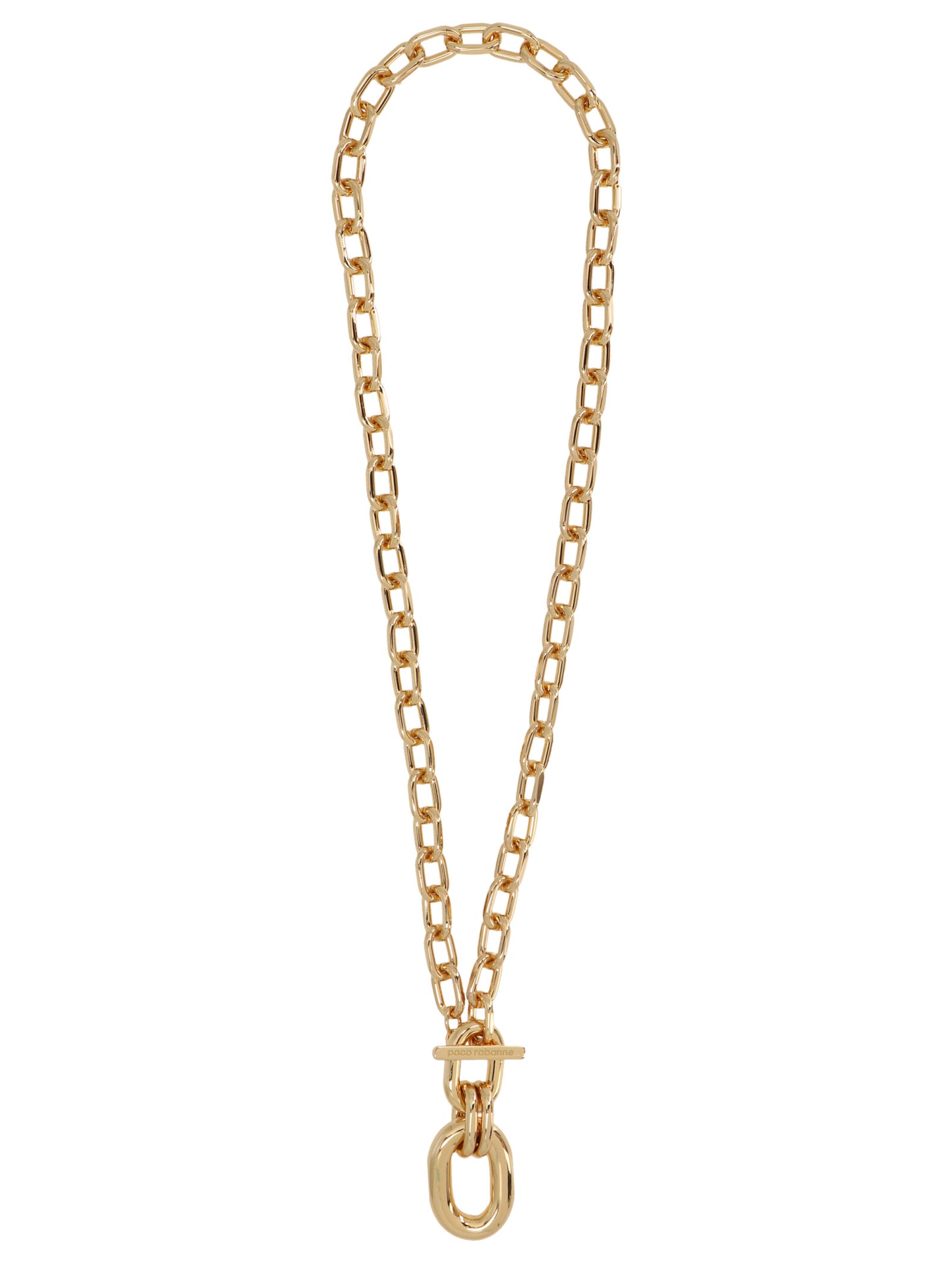Necklace by Paco Rabanne for women in alpaca wool & polyamide gold showcases a dynamic silhouette, artfully highlighting the pendant necklace design from the Women's Aluminium Gold Necklace collection for a dynamic aesthetic.