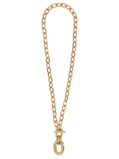Necklace by Paco Rabanne for women in alpaca wool & polyamide gold showcases a dynamic silhouette, artfully highlighting the pendant necklace design from the Women's Aluminium Gold Necklace collection for a dynamic aesthetic.