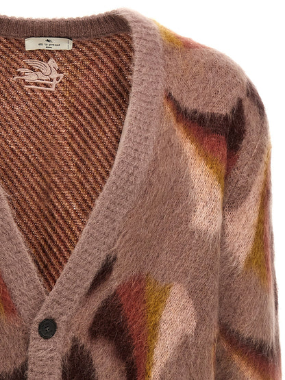 Etro Men's V Neck Mohair Wool & Polyolefin Cardigan - Multicolor Patterned
