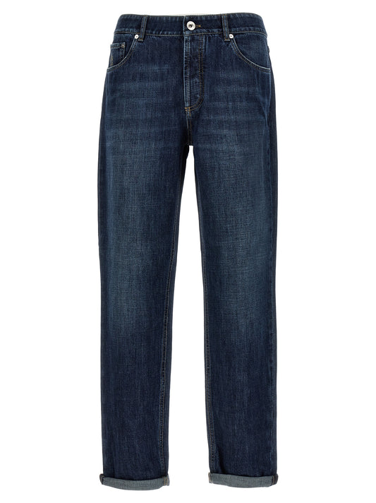 Jeans by Brunello Cucinelli for men in cotton denim blue features a polished silhouette with a polished straight-leg, reaching a polished long and finished with a polished .