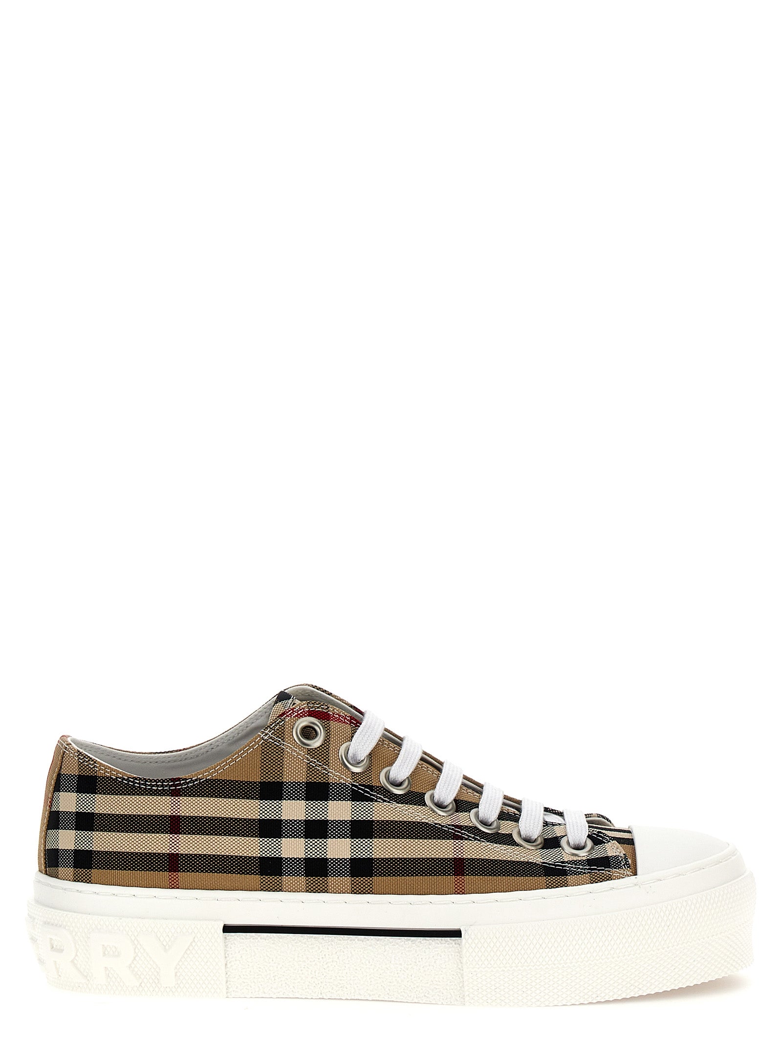 Sneakers by Burberry for women in calf leather & cotton canvas beige, patterned, signature & print features an fashionable silhouette, showcasing the premium Women's Low Top Calf Leather & Cotton Canvas Sneakers in a fashionable low-top style that offers a fashionable finish for refined style.