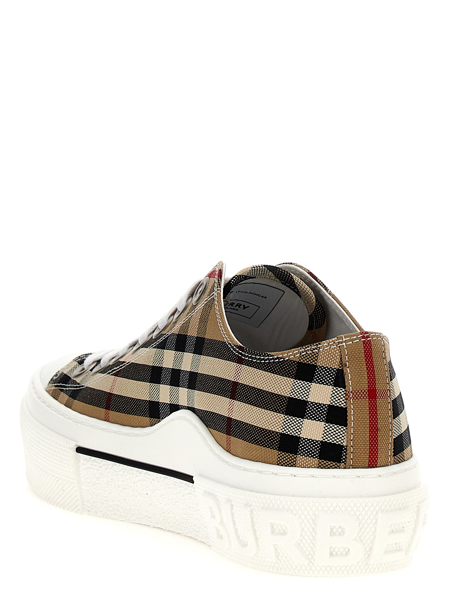Sneakers by Burberry for women in calf leather & cotton canvas beige, patterned, signature & print presents a sumptuous silhouette, artfully capturing the essence of the Women's Low Top Calf Leather & Cotton Canvas Sneakers with its sumptuous low-top style design.