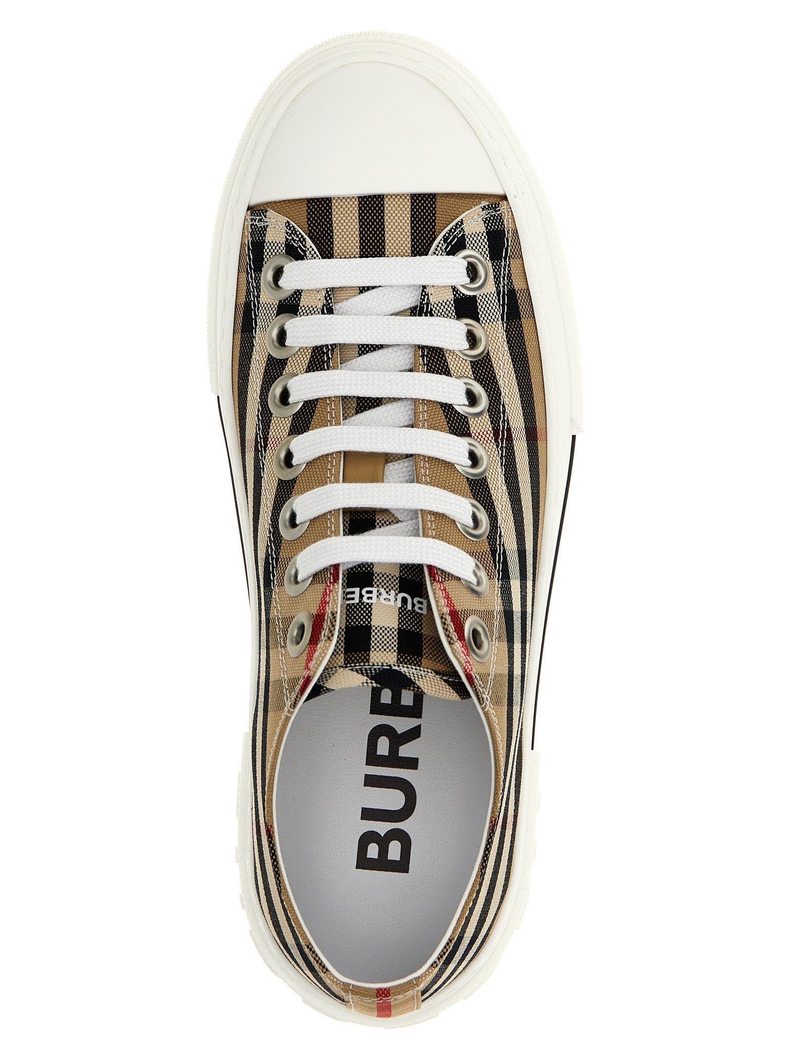 Sneakers by Burberry for women in calf leather & cotton canvas beige, patterned, signature & print features an fashionable silhouette, showcasing the premium Women's Low Top Calf Leather & Cotton Canvas Sneakers in a fashionable low-top style that offers a fashionable finish for refined style.