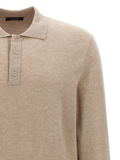 ZANONE Men's Long-Sleeve Cashmere Virgin Wool Polo Shirt - Beige