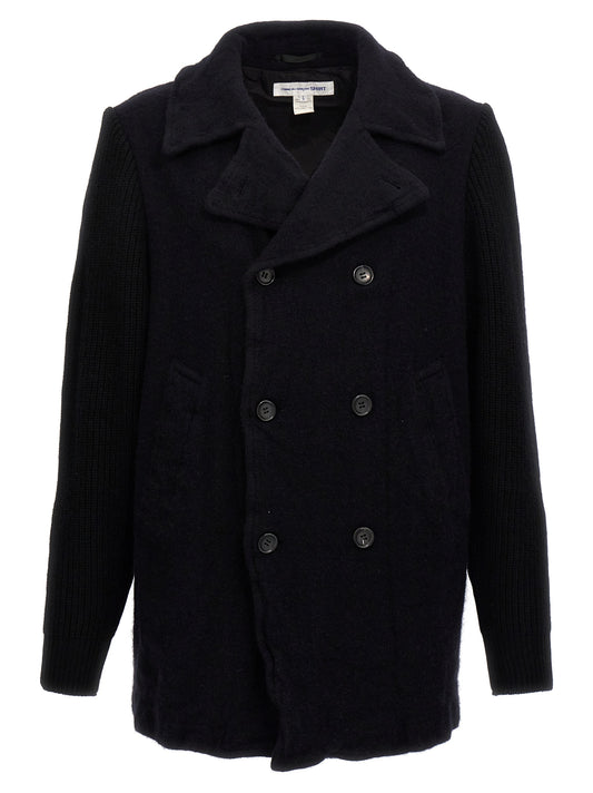 Overcoat by Comme Des Garçons for men in wool & nylon blue presents a luxurious silhouette, showcasing a luxurious wrap double-breasted neckline and sophisticated pockets for a premium, luxurious look.