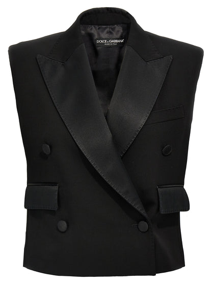 Vest by Dolce & Gabbana for women in virgin wool silk & polyester black features an contemporary silhouette, showcasing refined insulated and a contemporary for a sophisticated layered look.
