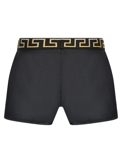 Swim Shorts by Versace for men in nylon polyester & mesh multicolor features a beach chic silhouette, showcasing the signature style of the Waves Men's Nylon Polyester & Mesh Swim Shorts.