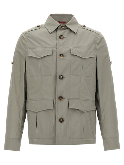 Windbreaker Jacket by Brunello Cucinelli for men in polyamide & cotton bicolour & green features an magnificent silhouette, showcasing the sophisticated shirt-collar neckline and functional pockets & windproof for a premium, magnificent look.