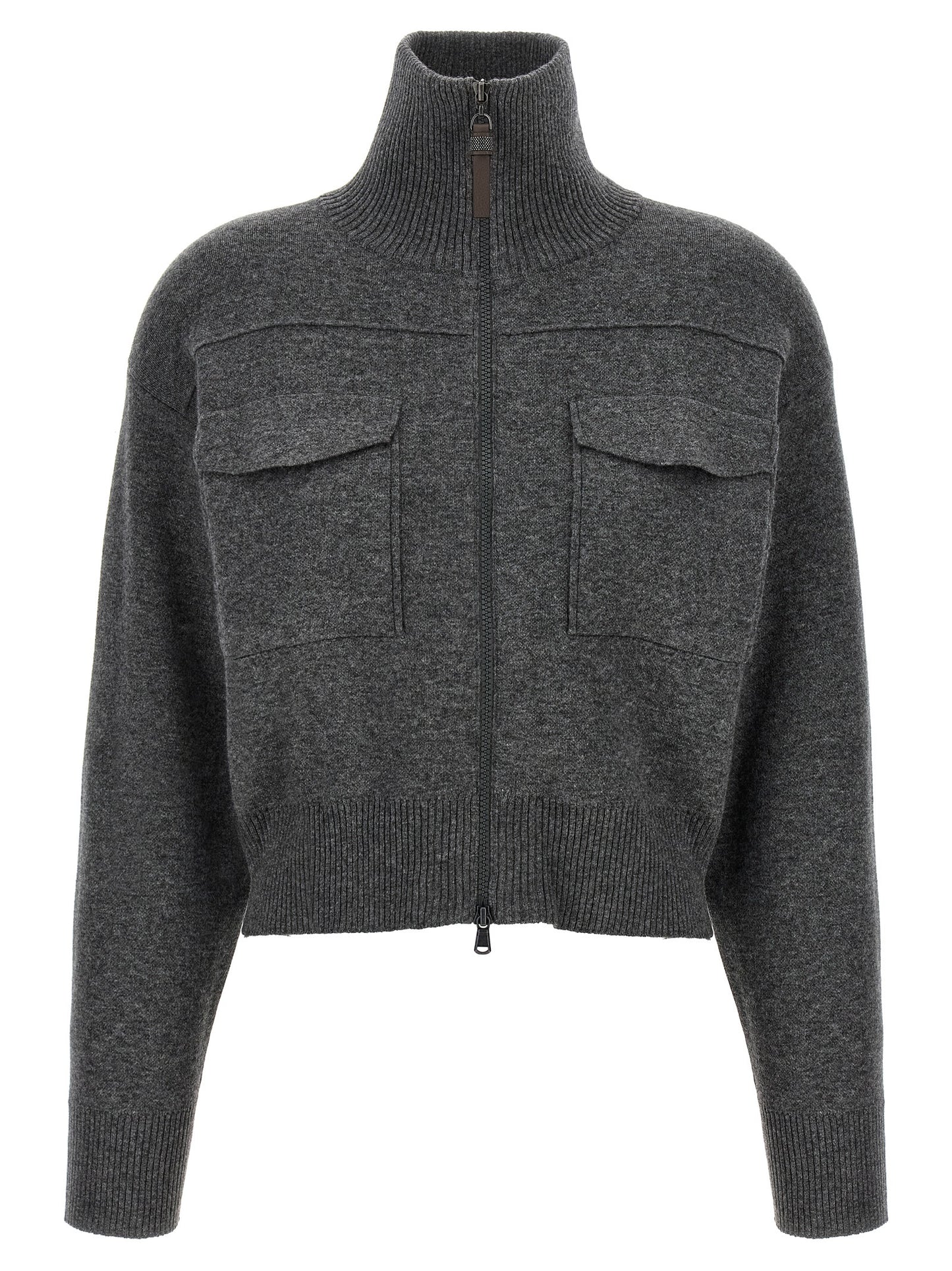 Cardigan by Brunello Cucinelli for women in polyamide & cashmere gray showcases a captivating silhouette, artfully detailed with a captivating long-sleeve and high-neck neckline for a truly sophisticated captivating look.