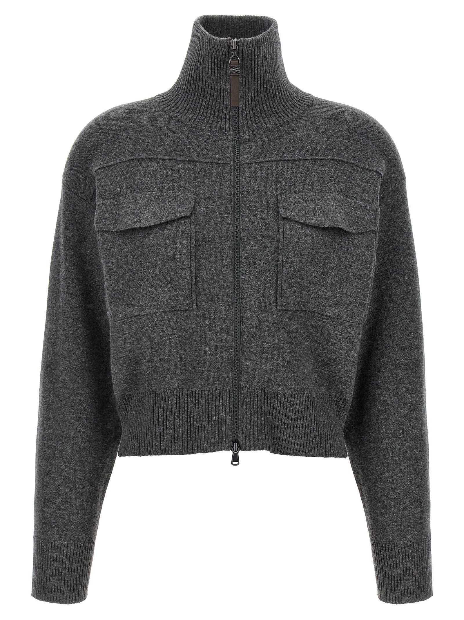 Cardigan by Brunello Cucinelli for women in polyamide & cashmere gray showcases a captivating silhouette, artfully detailed with a captivating long-sleeve and high-neck neckline for a truly sophisticated captivating look.