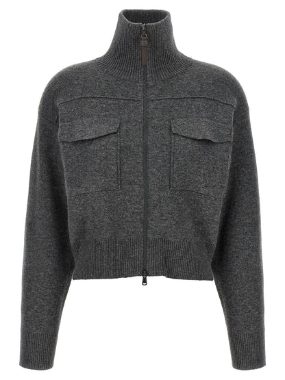 Cardigan by Brunello Cucinelli for women in polyamide & cashmere gray showcases a captivating silhouette, artfully detailed with a captivating long-sleeve and high-neck neckline for a truly sophisticated captivating look.
