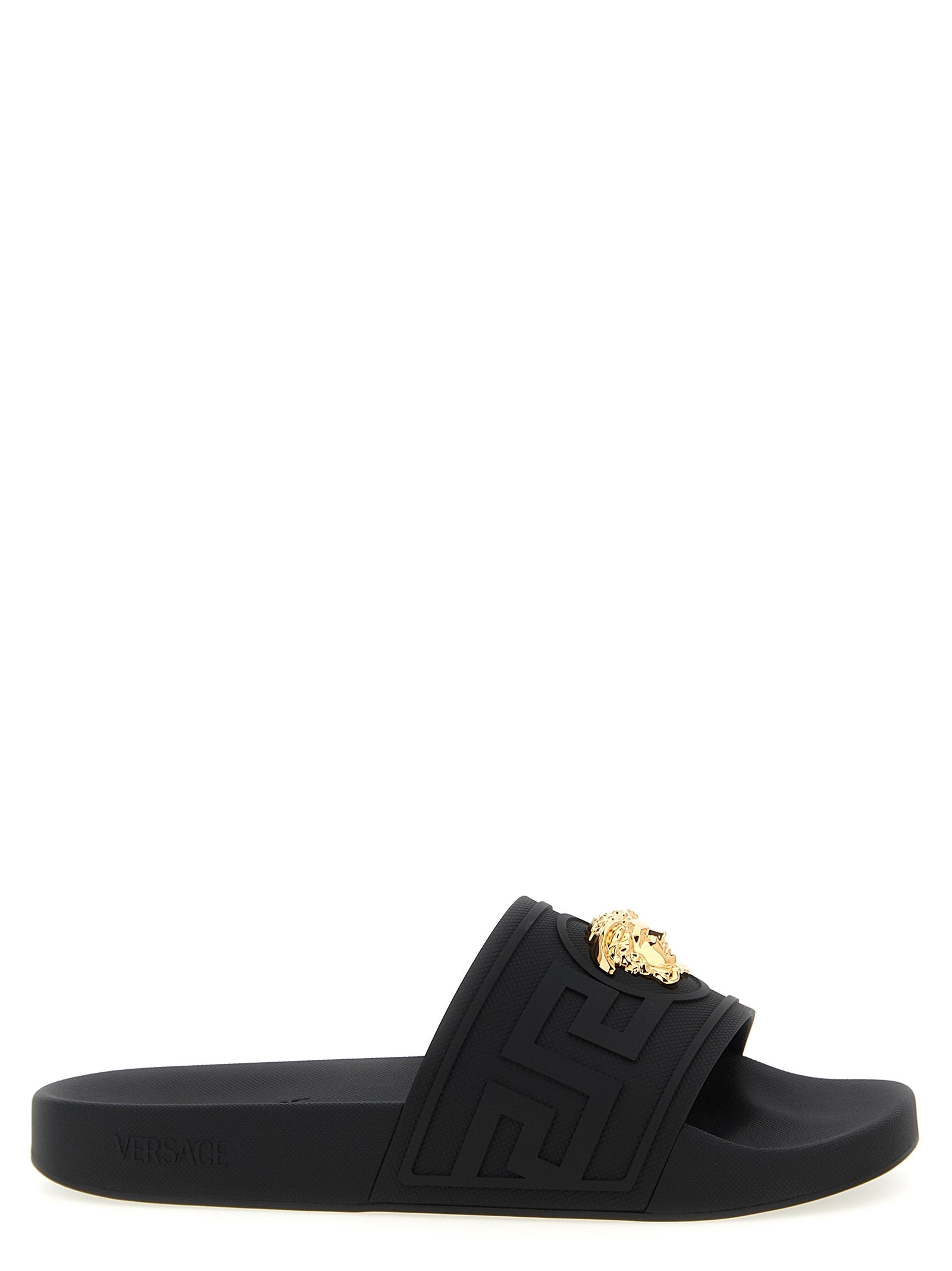 Flat Shoes by Versace for men in polyester & glass black & patterned showcases a impeccable silhouette as Medusa Men's Polyester & Glass Flat Shoes, artfully designed with a impeccable flat and refined for a impeccable finish.