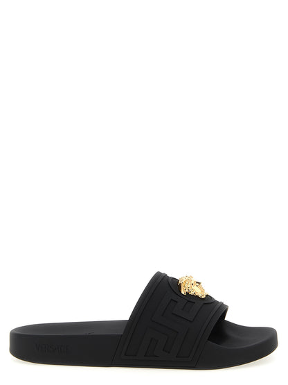 Flat Shoes by Versace for men in polyester & glass black & patterned showcases a impeccable silhouette as Medusa Men's Polyester & Glass Flat Shoes, artfully designed with a impeccable flat and refined for a impeccable finish.