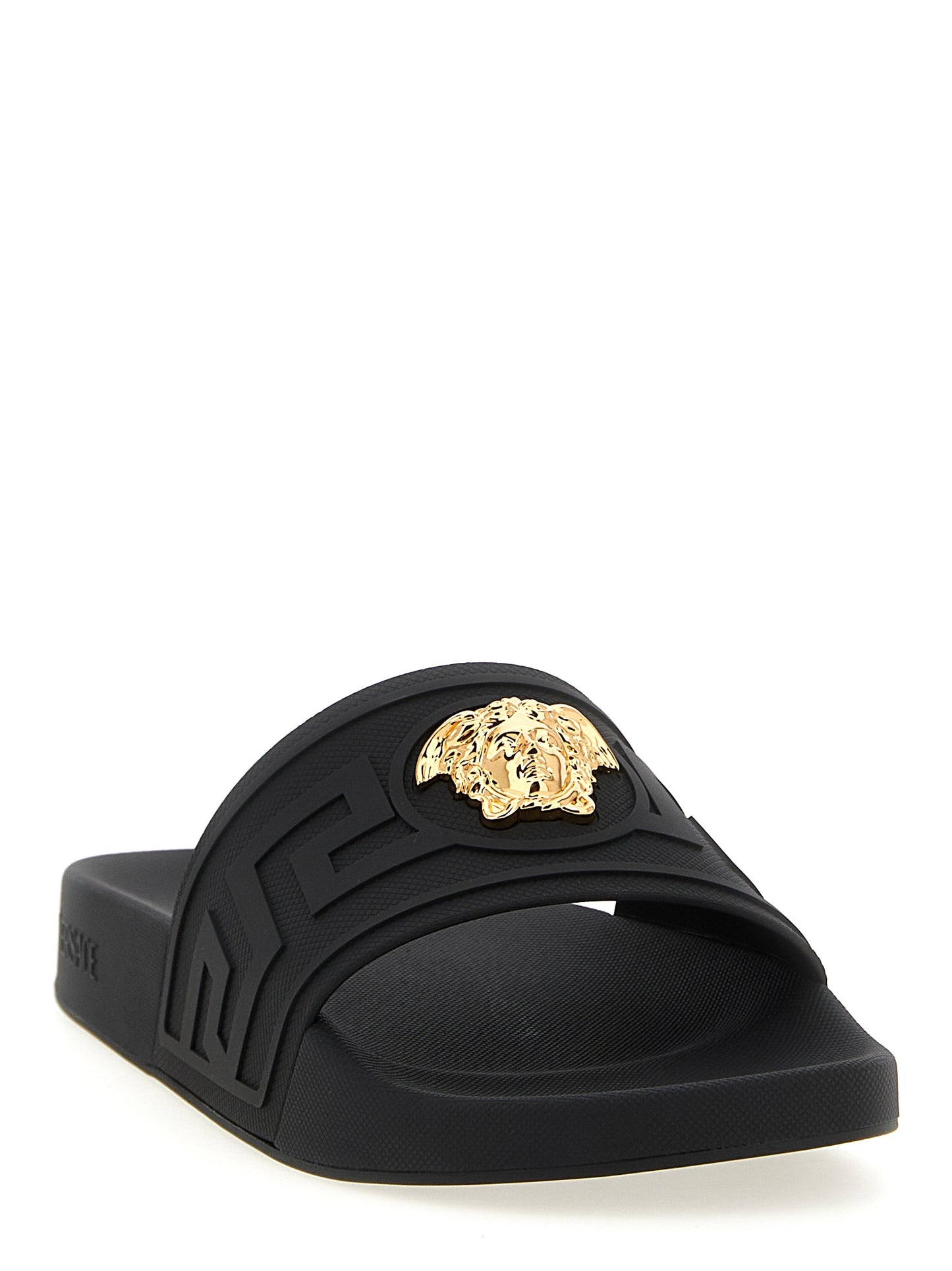 Flat Shoes by Versace for men in polyester & glass black & patterned showcases a resplendent Medusa Men's Polyester & Glass Flat Shoes aesthetic, defined by its resplendent and elegant flat.