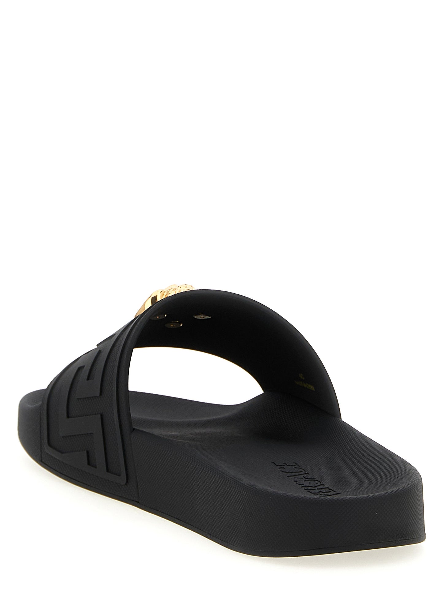 Flat Shoes by Versace for men in polyester & glass black & patterned features an effortless chic silhouette, showcasing the Medusa Men's Polyester & Glass Flat Shoes design with an effortless chic flat and a for a effortless chic look.